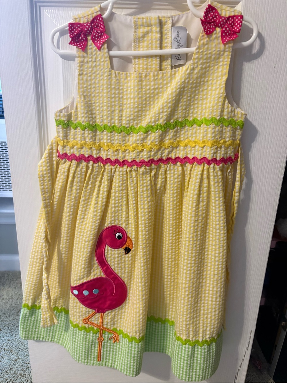 Emily Rose Yellow Seersucker Dress with Pink Flamingo and Green Trim